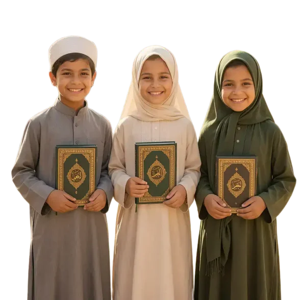 Happy Muslim children holding Quran, learning Islamic teachings.